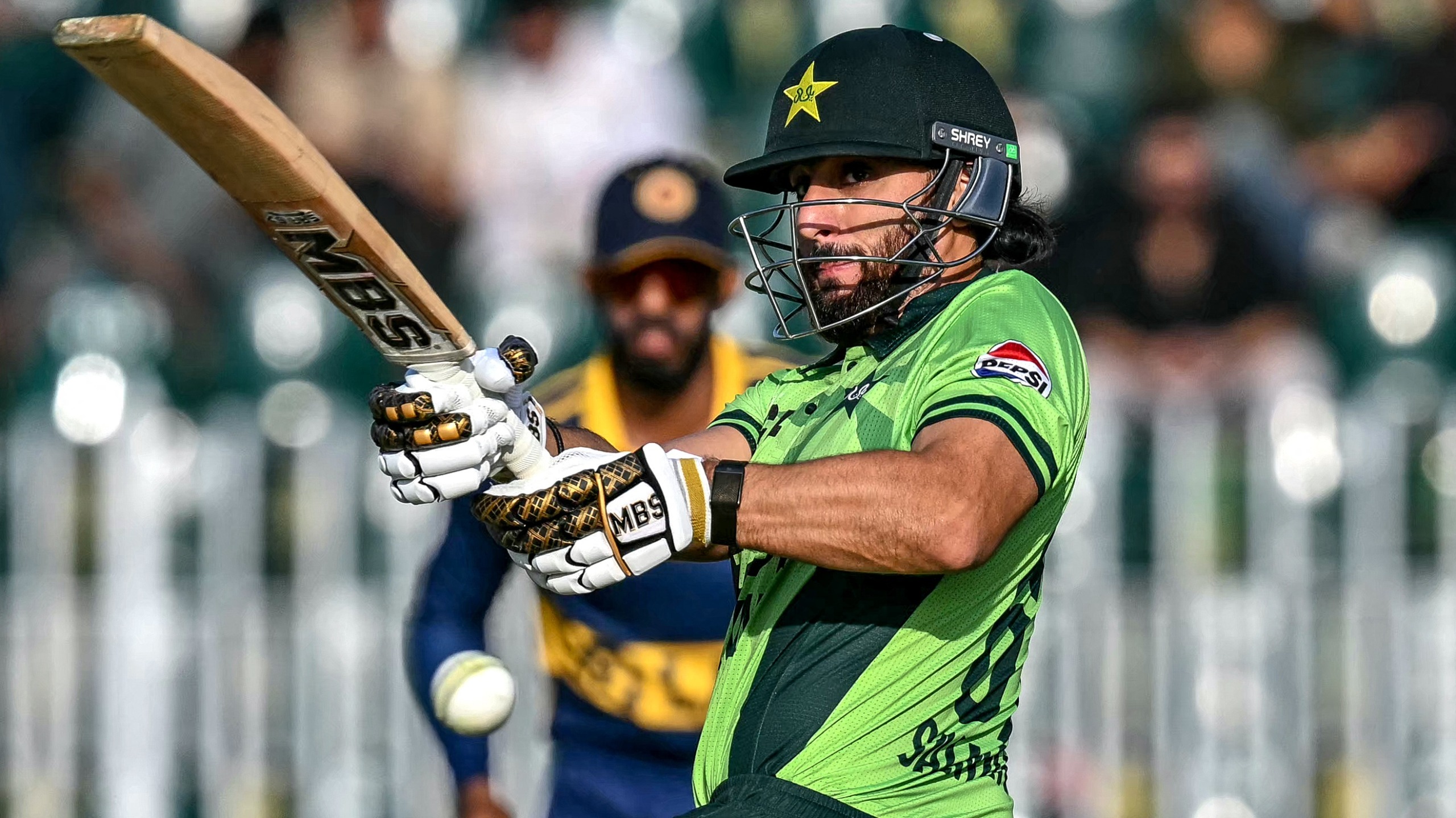 Pakistan's Salman Agha plays a shot during the tri-series one-day international (ODI) cricket match between Pakistan and Sri Lanka at the Rawalpindi Cricket Stadium in Rawalpindi on October 18, 2026. 