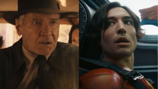 Harrison Ford in Indiana Jones and the Dial of Destiny and Ezra Miller in The Flash, both pulling looks of concern and pictured side by side.