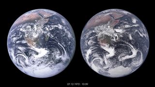 On the left, the original Blue Marble photo taken by the crew of Apollo 17 in 1972. On the left, a computer's recreation that tested a cutting-edge climate model.
