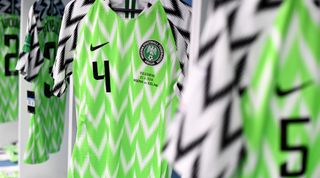 A Nigeria home shirt hangs in the dressing room at the 2018 World Cup