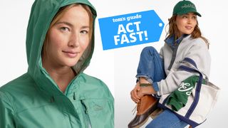 Close-up of a women in a green L.L. Bean rain jacket next to a women sitting in a off-white L.L. Bean Fleece with a &quot;Act Fast&quot; deals badge between them