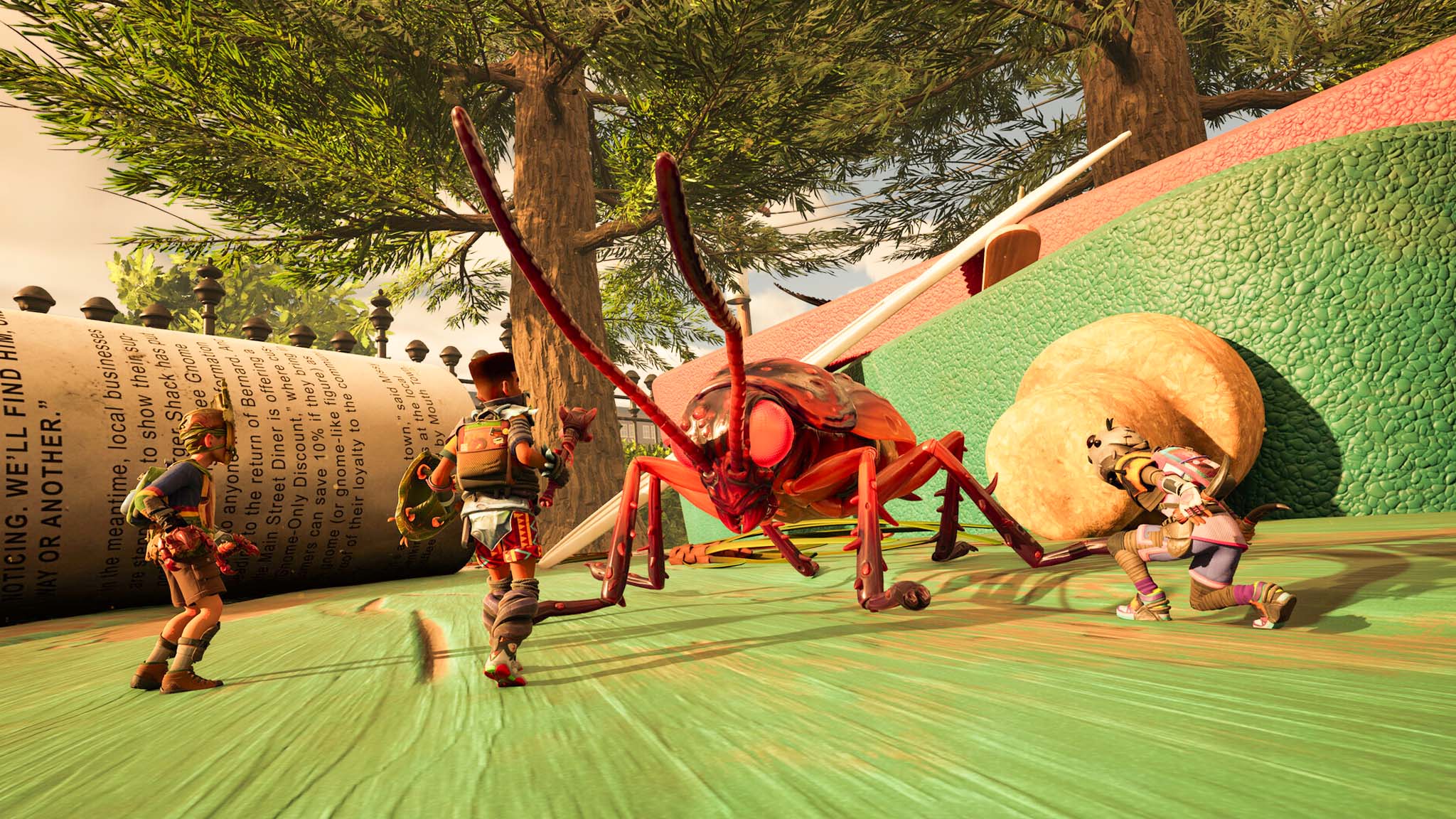 Screenshot from Grounded 2 showing kids going up against a bug.