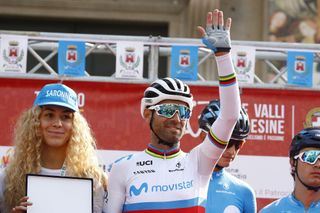 Alejandro Valverde waves to the crowd on the podium