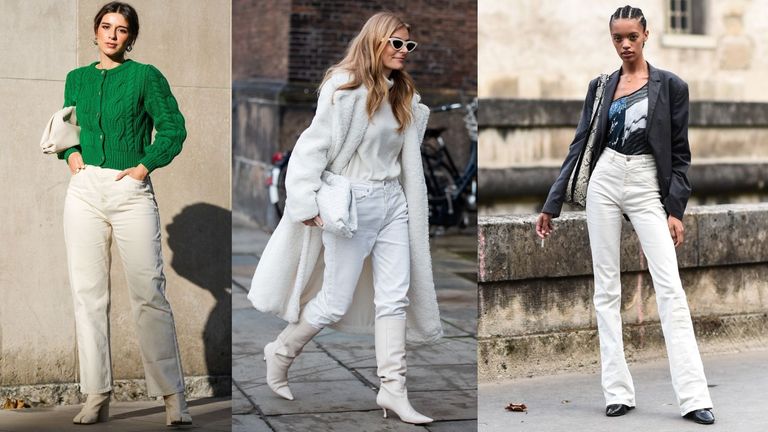 three women in street style shots wearing white jeans outfits
