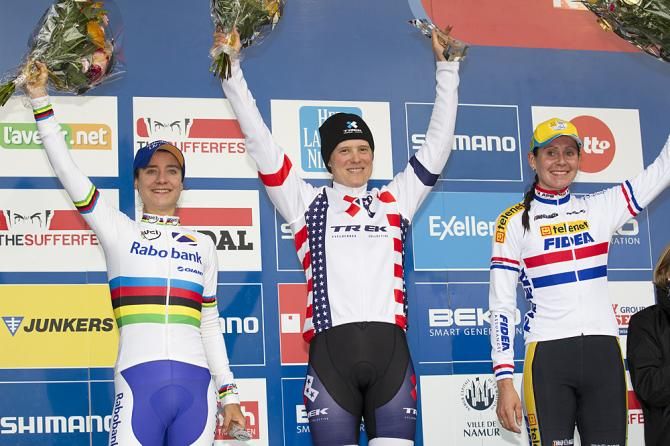 The World Cup podium: Marianne Vos, Katie Compton and Nikki Harris
