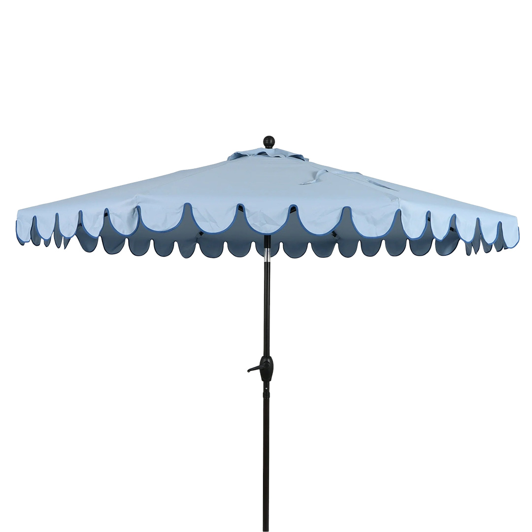 Baby blue scalloped outdoor umbrella with black stand