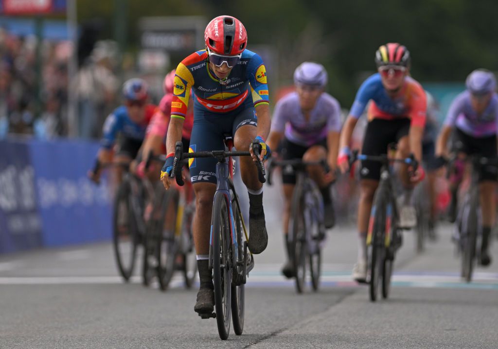 PLOUAY FRANCE AUGUST 24 Elisa Balsamo of Italy and Team Lidl Trek crosses the finish line during the 24th GP de Plouay Lorient Agglomeration Trophee CERA 2024 a 158km one day race from Plouay to Plouay UCIWWT on August 24 2024 in Plouay France Photo by Luc ClaessenGetty Images