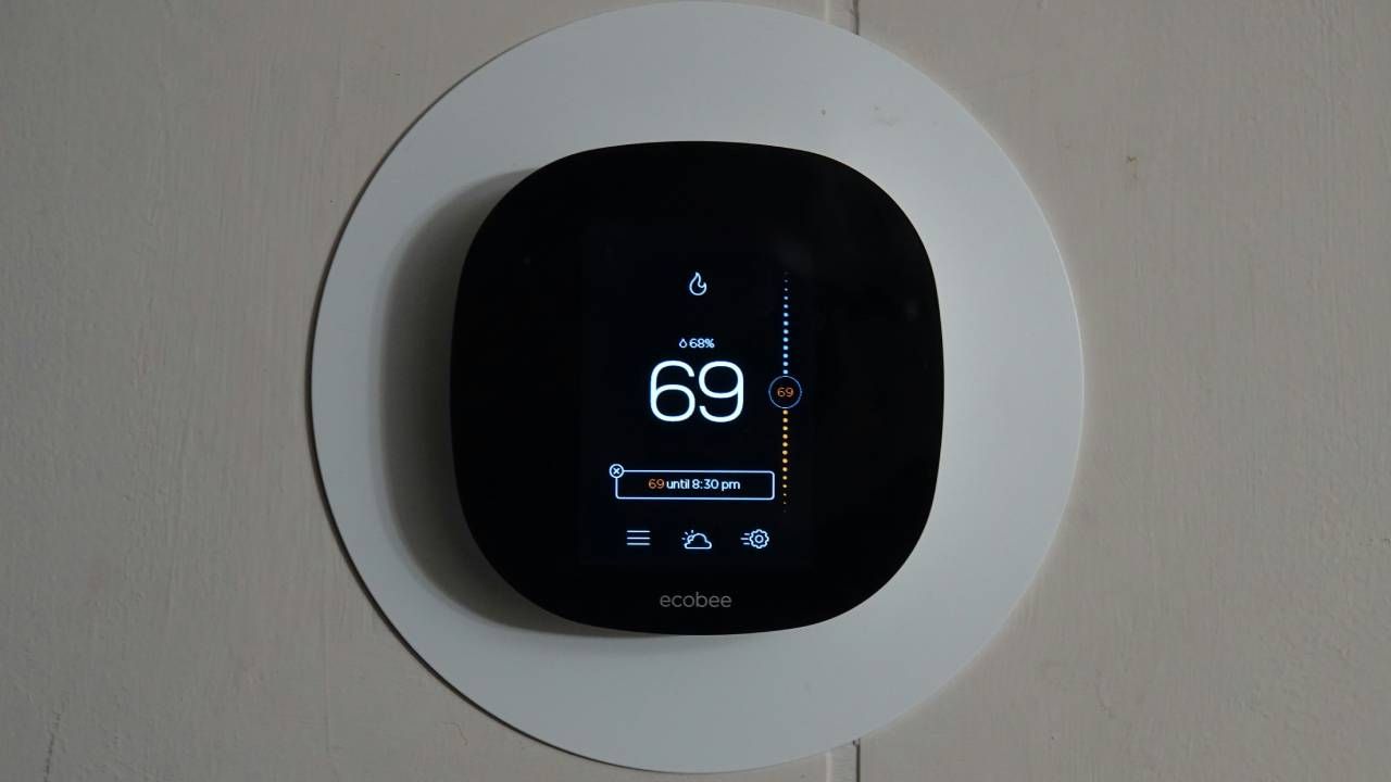 A close-up of a smart thermostat