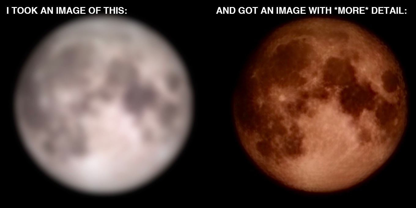 Una foto lado a lado de una foto borrosa de la luna y la imagen final producida por un Galaxy S23 Ultra