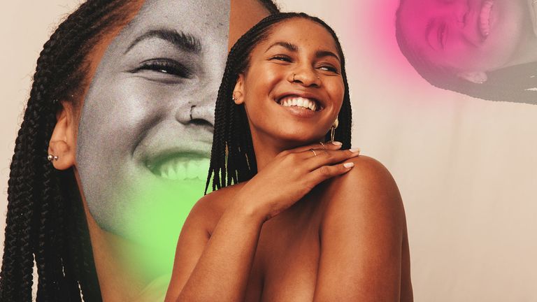 Cheerful young woman looking away with a smile on her face. Happy young woman standing naked against a studio background. Confident young woman embracing her natural body and beauty. has been computer manipulated to create a collage effect