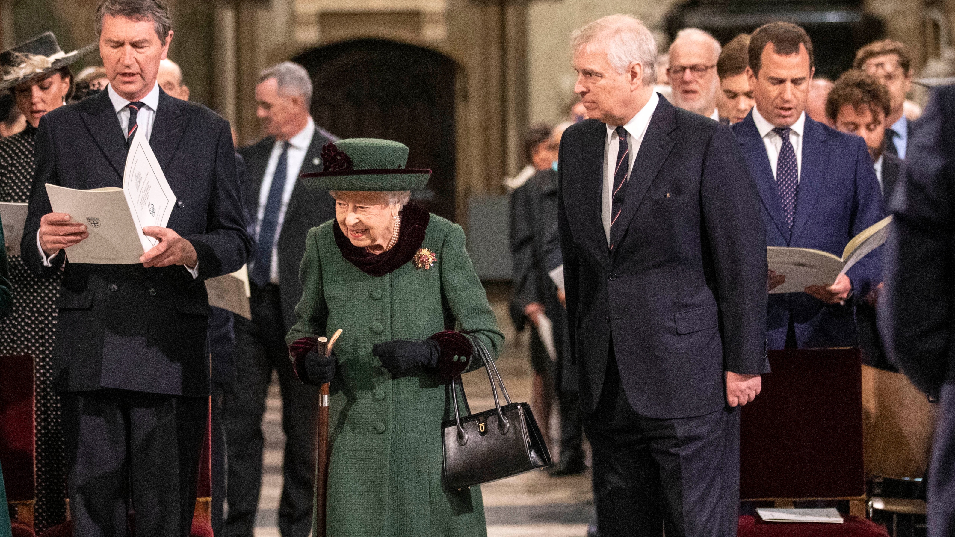 Queen Elizabeth II arrives in Westminster Abbey accompanied by Andrew for the Service Of Thanksgiving For The Duke Of Edinburgh on March 29, 2022