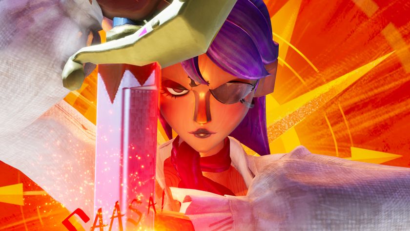 A screenshot of a character in Sea of Remnants. A purple haired woman with an eye patch unsheathes a sword.