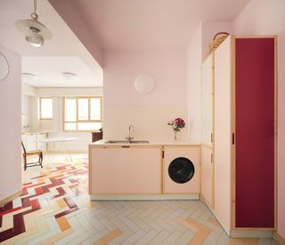 utility room design with a zoned space and pink cabinets