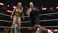 Promotional screenshot of Jordynne Grace aligning with Paul Heyman in WWE 2K26