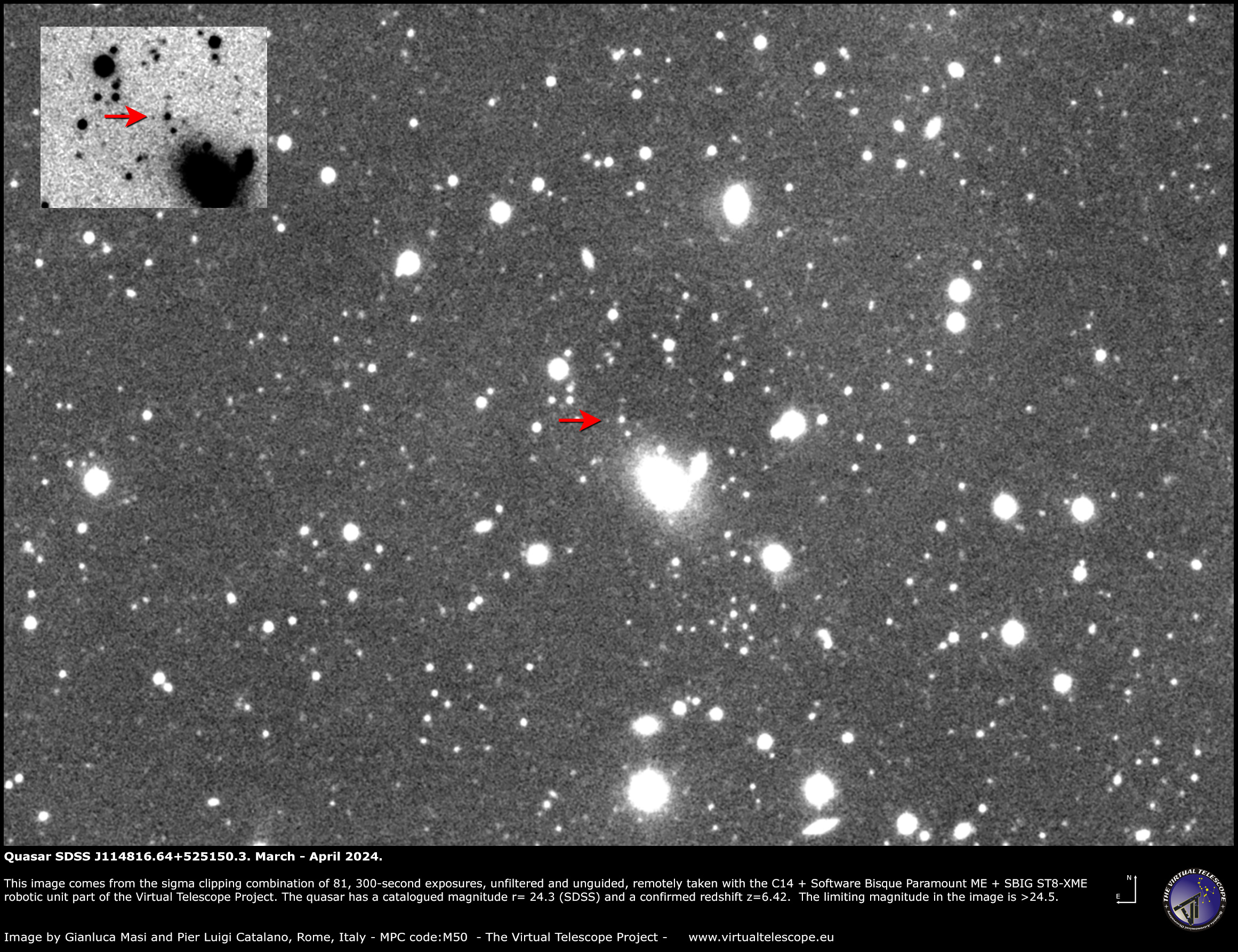 Quasar SDSS J114816.64+525150.3 imaged via the Virtual Telescope Project between Mar. and Apr. 2024.