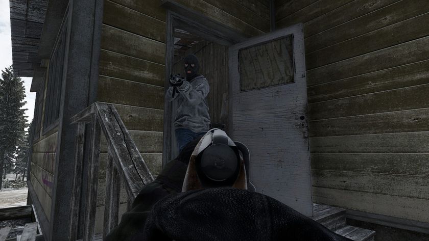 A player points a Mosin rifle at a bandit emerging from a house in Road to Vostok.
