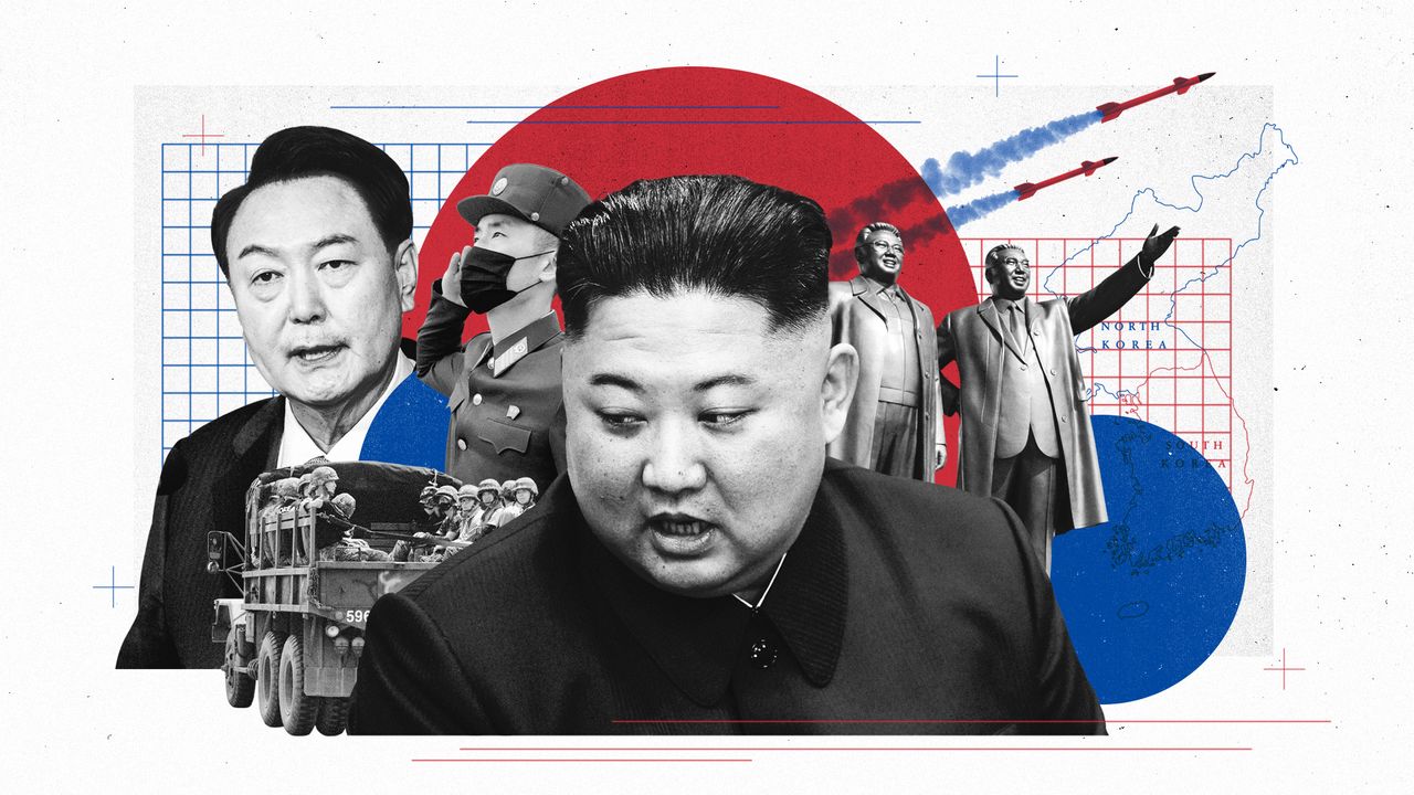 Photo composite of Kim Jong Un, Yoon Suk Yeol, and military scenes