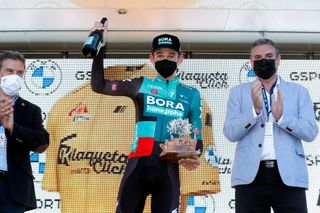 CHICLANA DE SEGURA SPAIN FEBRUARY 20 Lennard Kmna of Germany and Team Bora Hansgrohe celebrates winning the stage five on the podium ceremony after the 68th Vuelta A Andalucia Ruta Del Sol 2022 Stage 5 a 1644km stage from Huesa to Chiclana De Segura 870m 68RdS on February 20 2022 in Chiclana De Segura Spain Photo by Bas CzerwinskiGetty Images