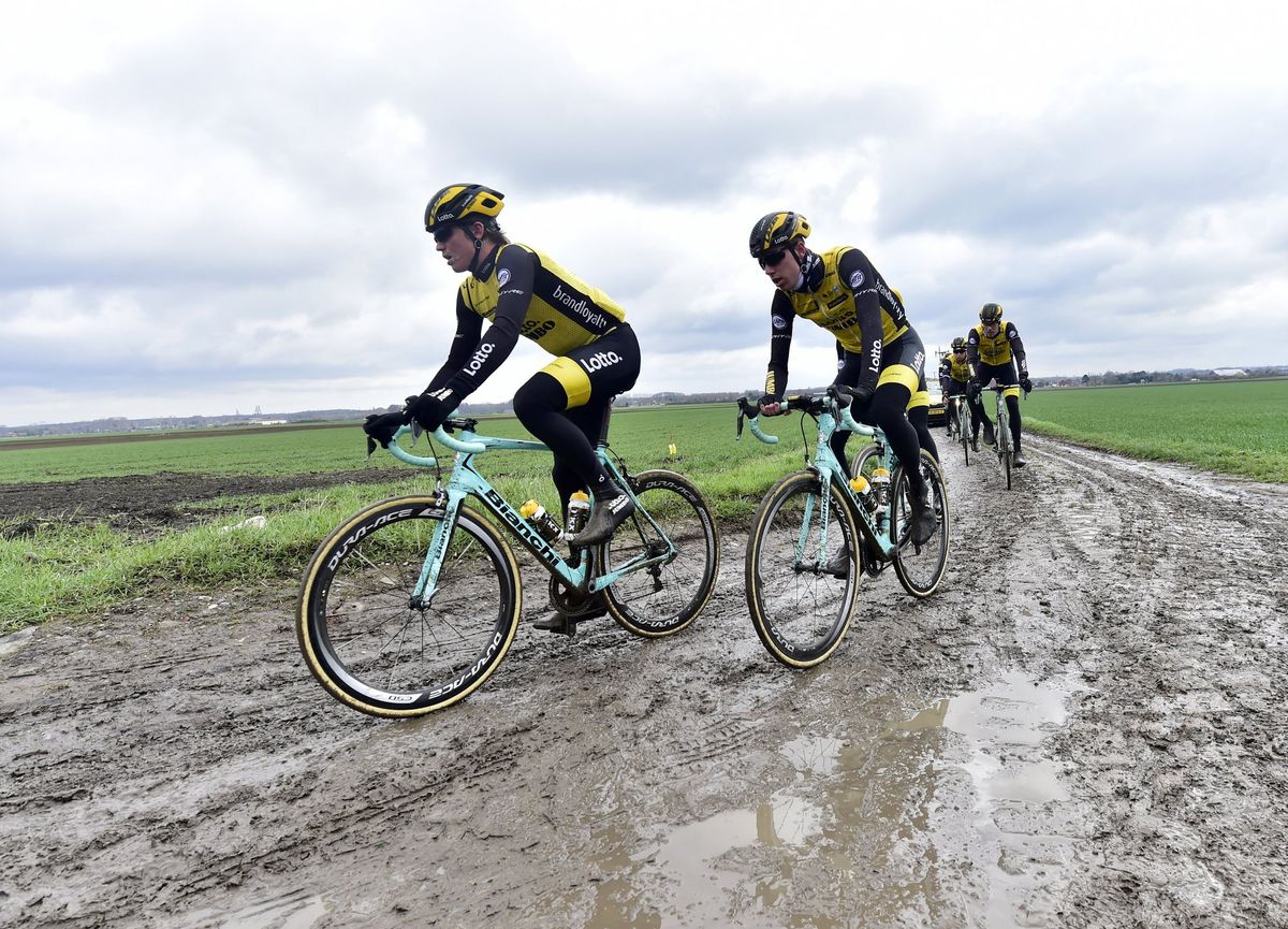 LottoNl-Jumbo tests the muddy pav&eacute; of Paris-Roubaix