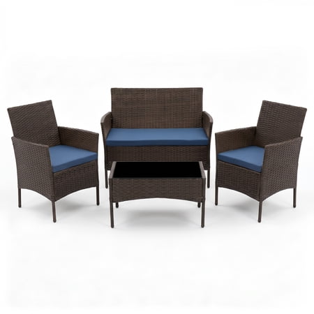 Gasee 4-Piece Patio Furniture Set Outdoor Conversation Rattan Chairs With Cushion and Loveseat Glass Table for Garden Backyard Porch, Brown/navy