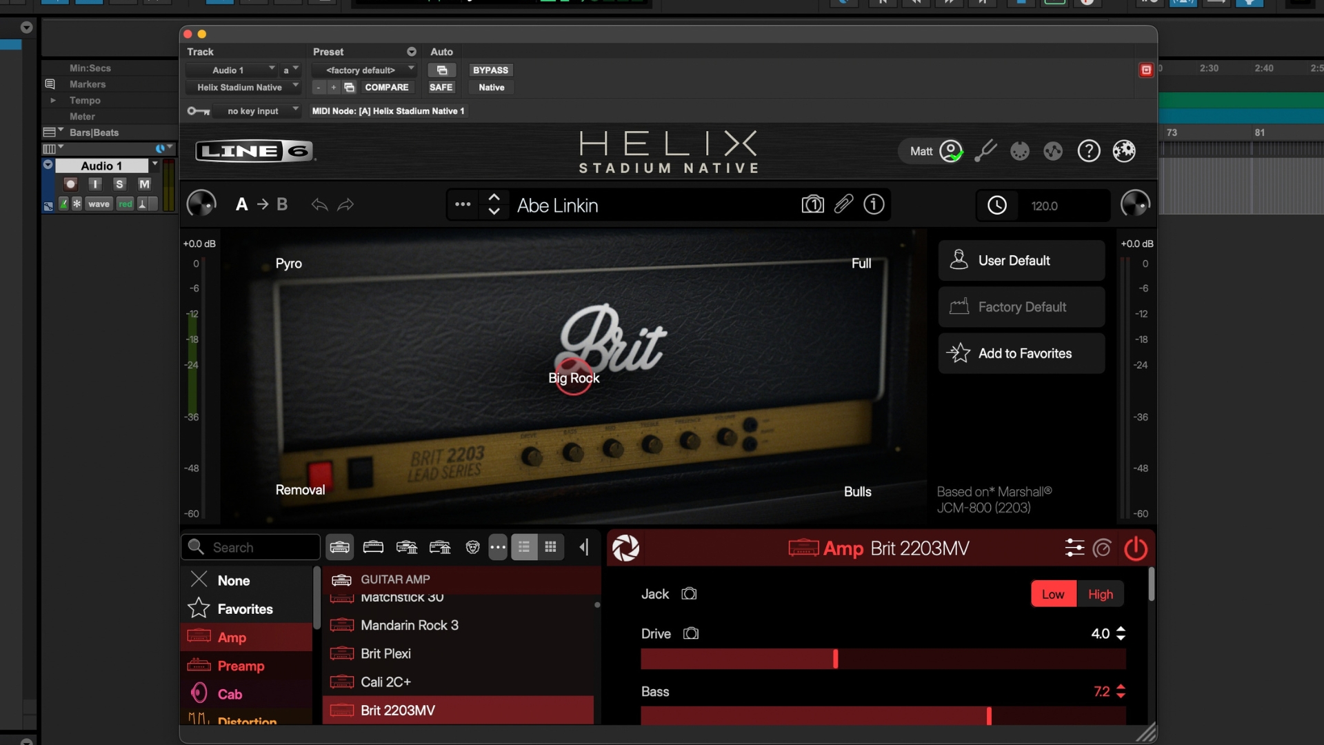 A screenshot of Line 6 Helix Stadium Native amp sim software