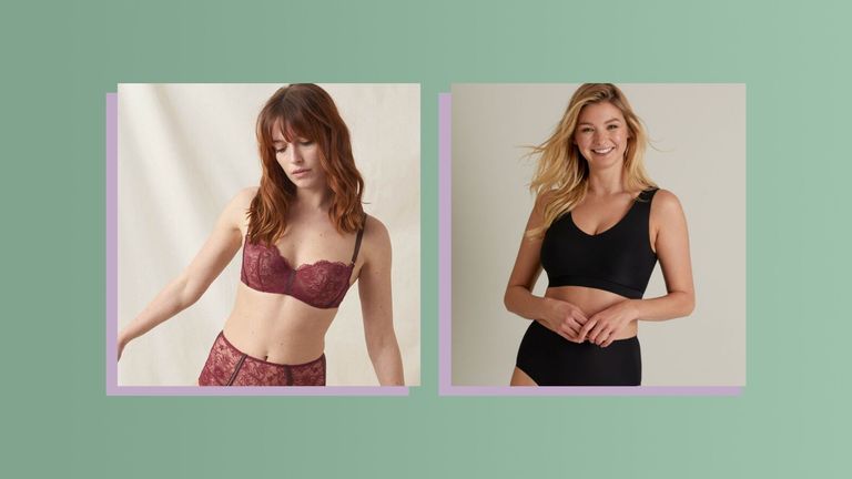 composite image of models showcasing bras vs bralettes. One model is wearing a burgundy bra while the other is in a black bralette