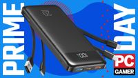 A Charmast 20,000 mAh power bank with four built-in cables on a blue and red background, with Prime Day text running down the sides and the PC Gamer logo in red in the bottom right corner