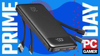 A Charmast 20,000 mAh power bank with four built-in cables on a blue and red background, with Prime Day text running down the sides and the PC Gamer logo in red in the bottom right corner