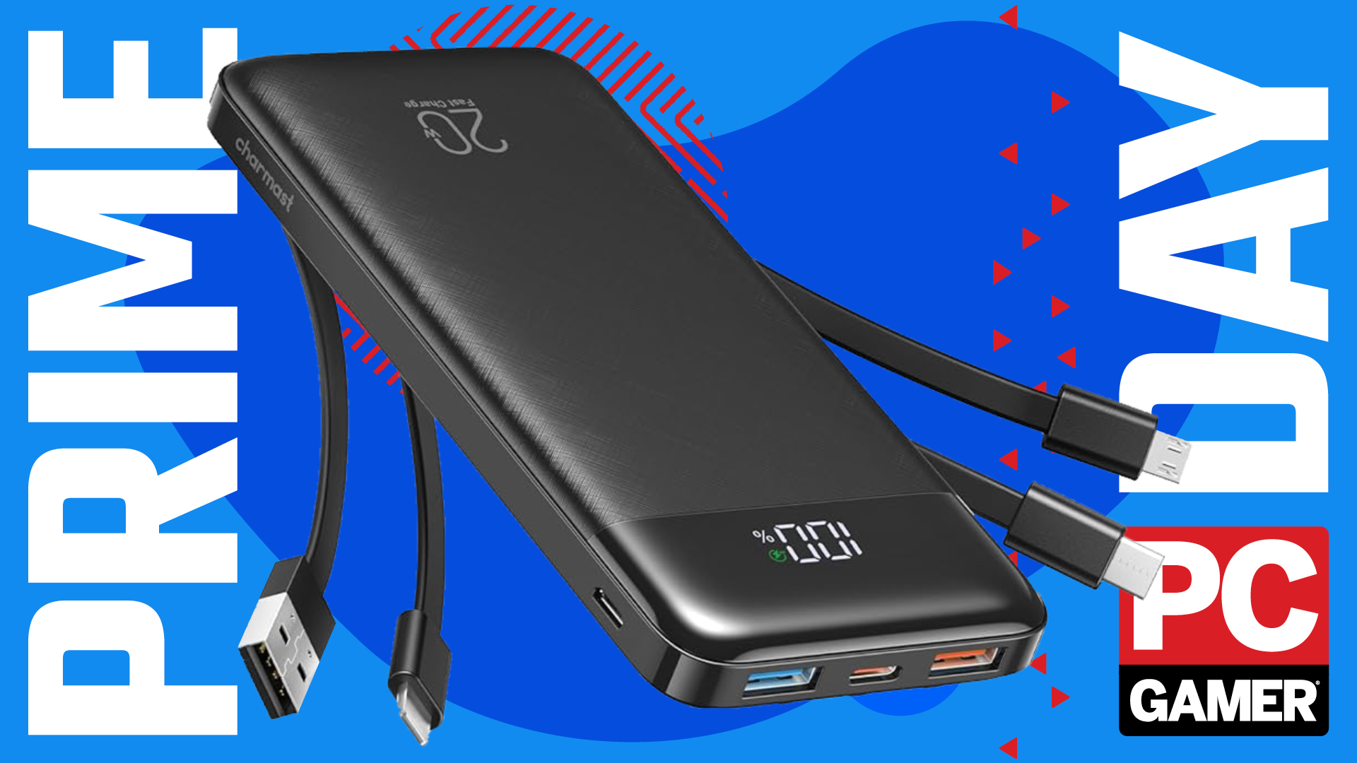 A Charmast 20,000 mAh power bank with four built-in cables on a blue and red background, with Prime Day text running down the sides and the PC Gamer logo in red in the bottom right corner