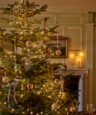 Fireplace and christmas tree with bows