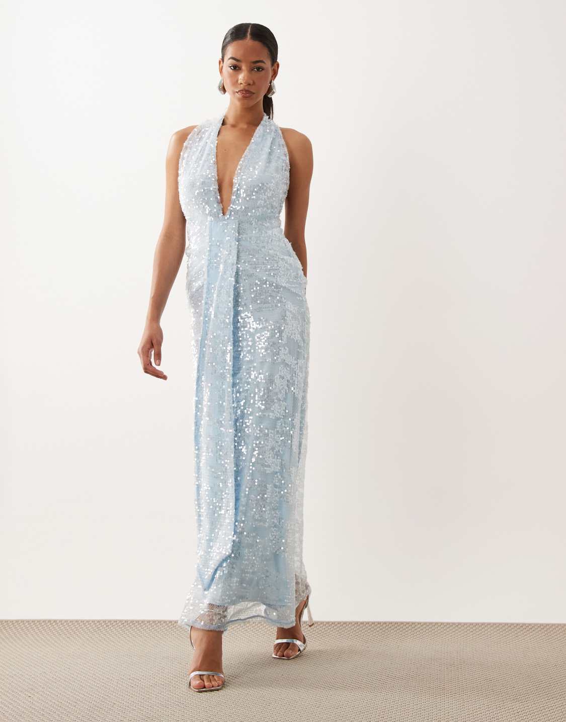 ASOS Designs Equine Pliss Plunge Halter Maxi Dress with Scarve Detail in Baby Blue