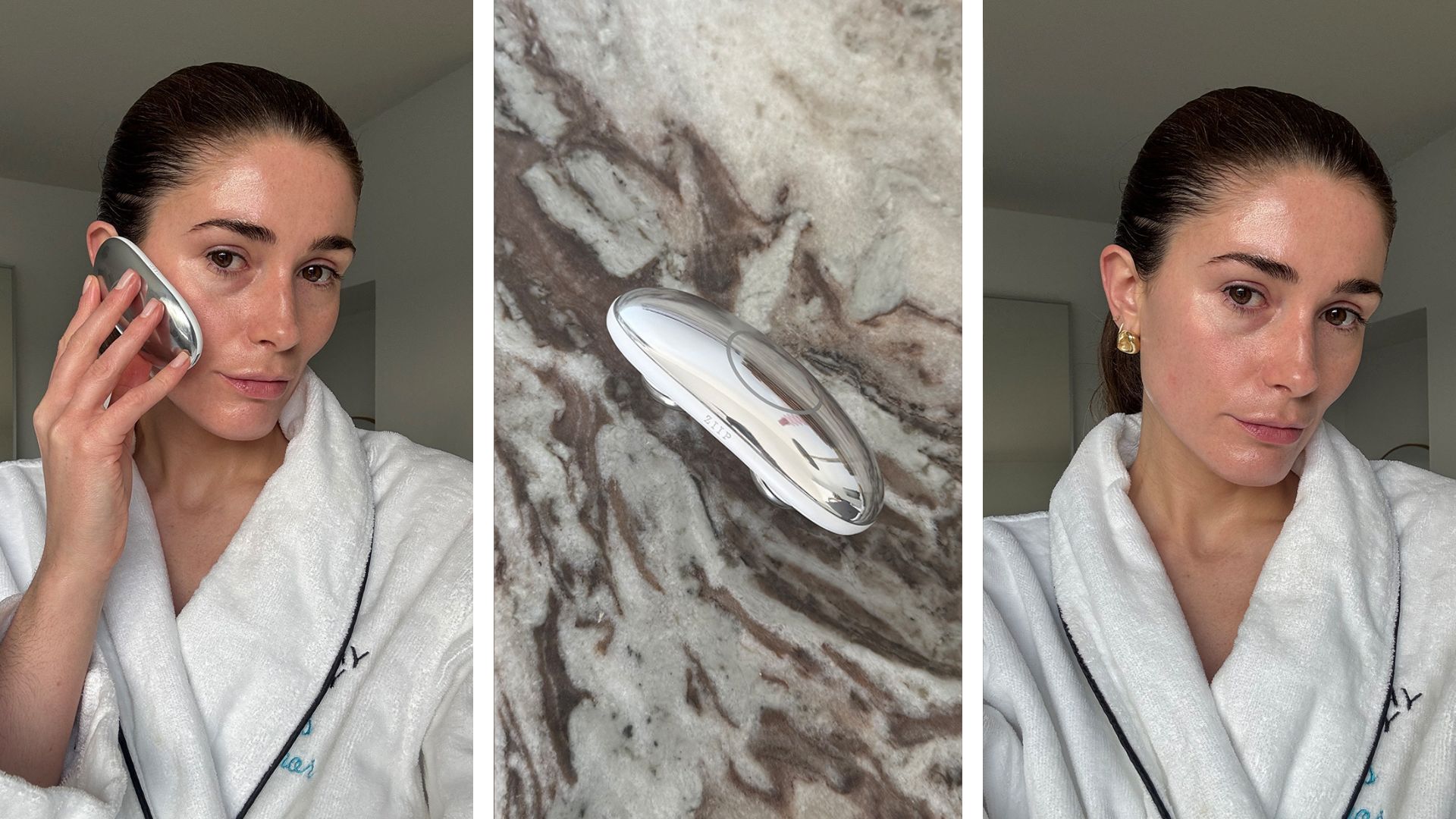 A trio of photos of Eleanor Vousden testing the Ziip Halo, and a photo of the device on a table