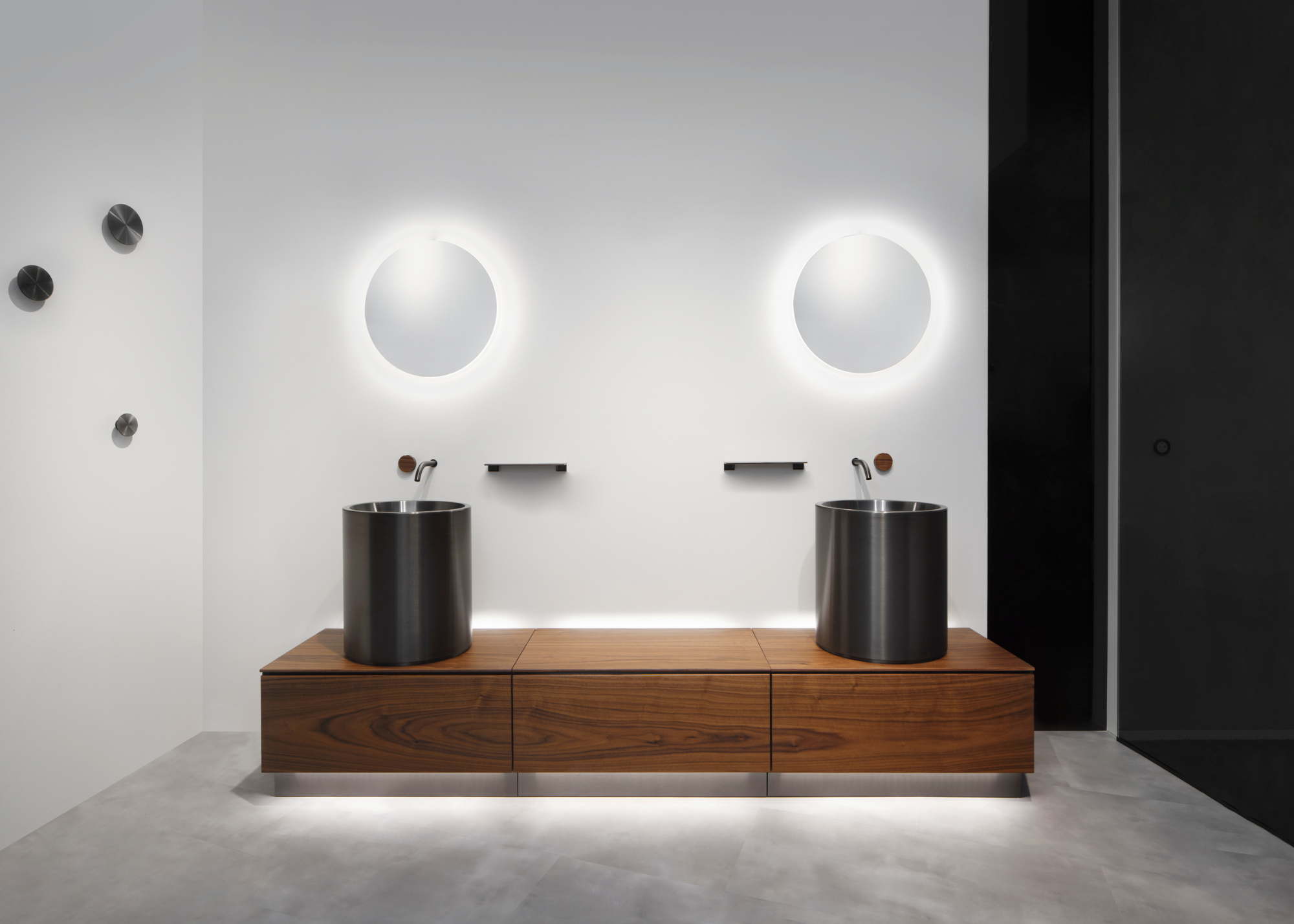 futuristic his and hers sink on a wooden cabinet, sinks are tall black basins