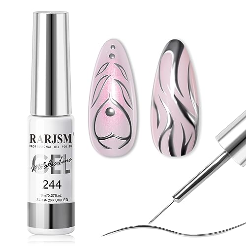 Rarjsm Metallic Silver Gel Liner Nail Art 3d Mirror Chrome Effect Gel Nail Polish 8ml Build in Thin Brush Metal Painted Drawing Striper Gel Polish Soak Off Curing Requires for Home Salon Diy Painting