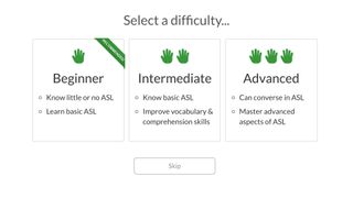 Image shows a SignSchool web page to select the lesson difficulty.