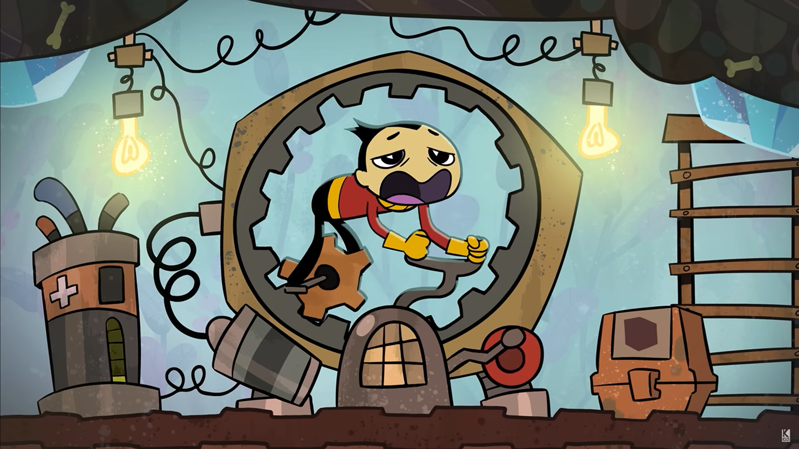 A pre-release screenshot of the game Away Team showing a whimsical character in a sci-fi asteroid cavern