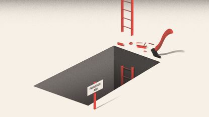 Illustration of a ladder leading out of a hole, chopped to pieces by an axe