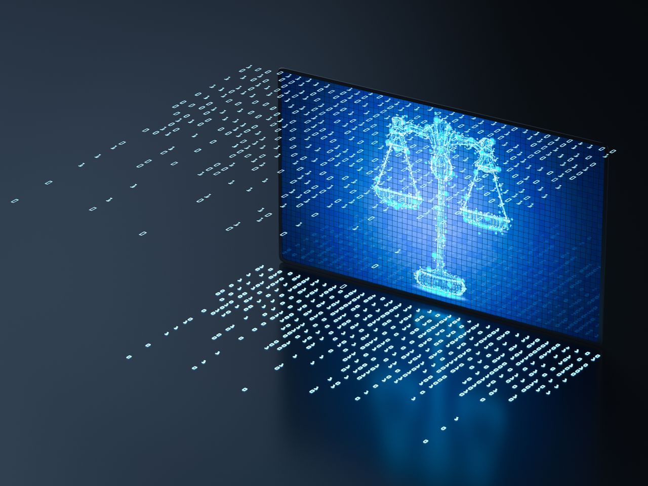 3D rendering of a digital screen displaying a law scale