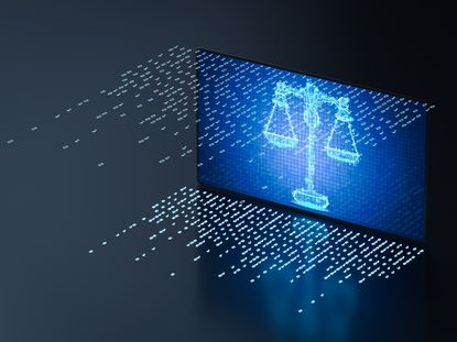 3D rendering of a digital screen displaying a law scale