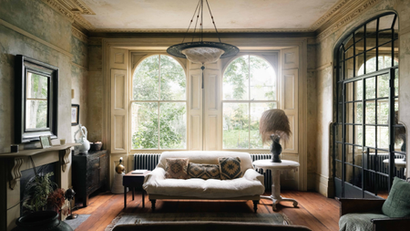 dramatic sitting room with crown molding, wooden floors, crittal doors and a furry lamp