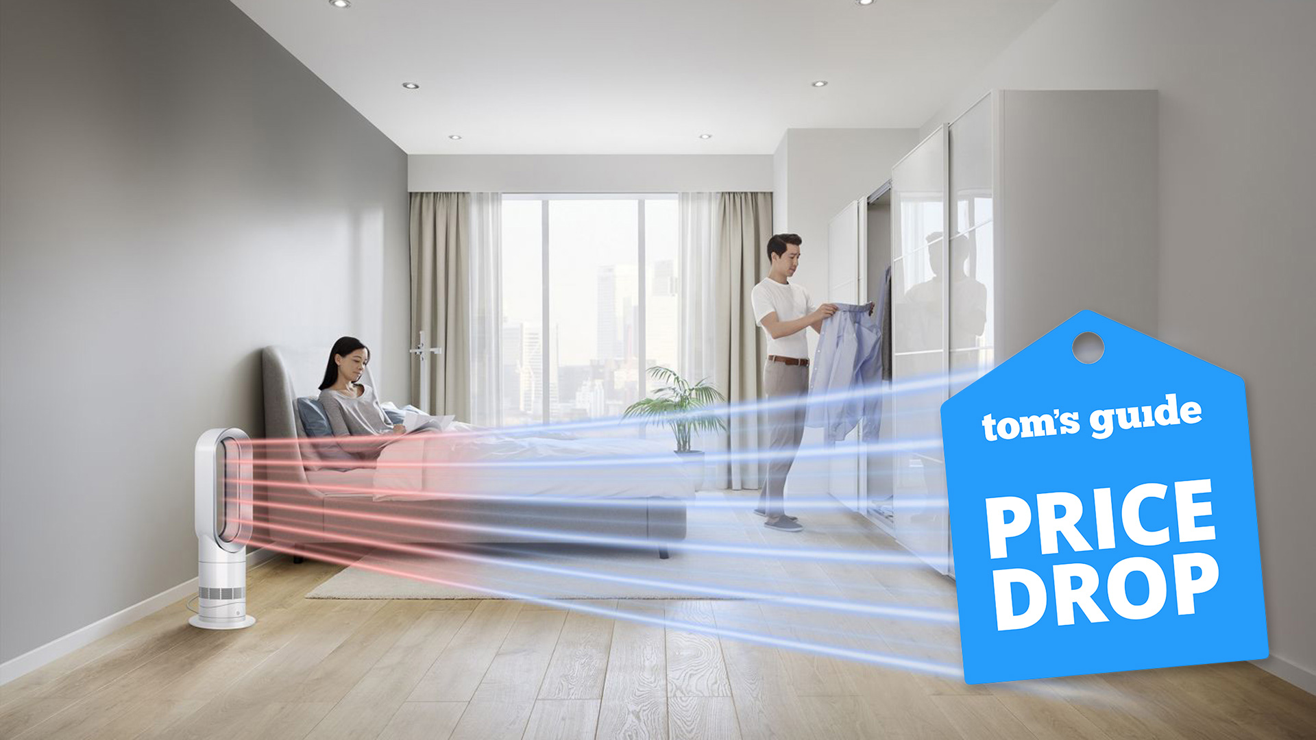 Dyson Hot+Cool Jet Focus shown in living room environment with Tom's Guide 'Price Drop' badge overlaid