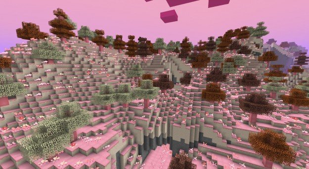 Minecraft mods - Candy Craft - A Minecraft forest with pink grass.