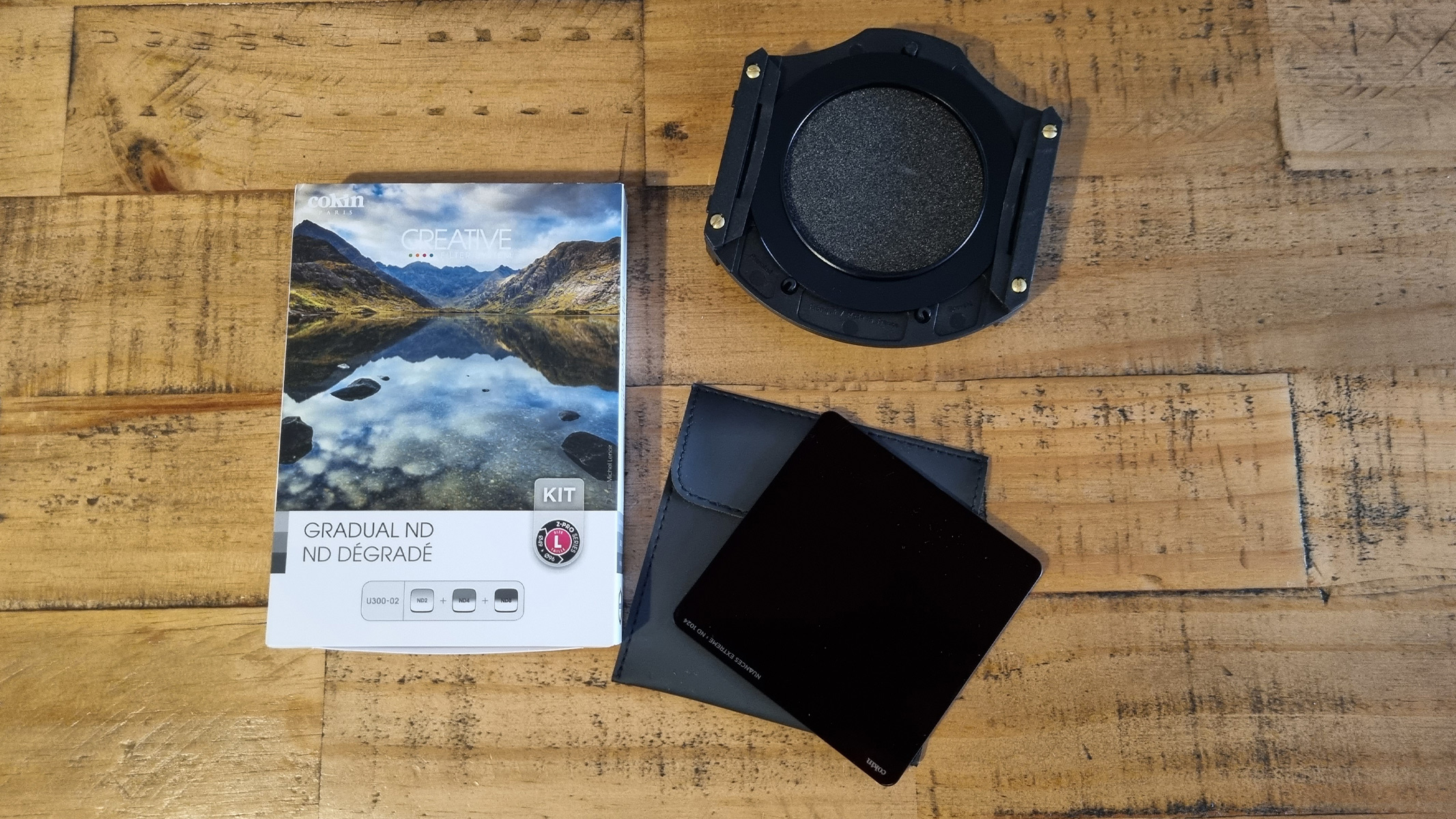 Cokin Z-Pro neutral density filters laid out on a wood table
