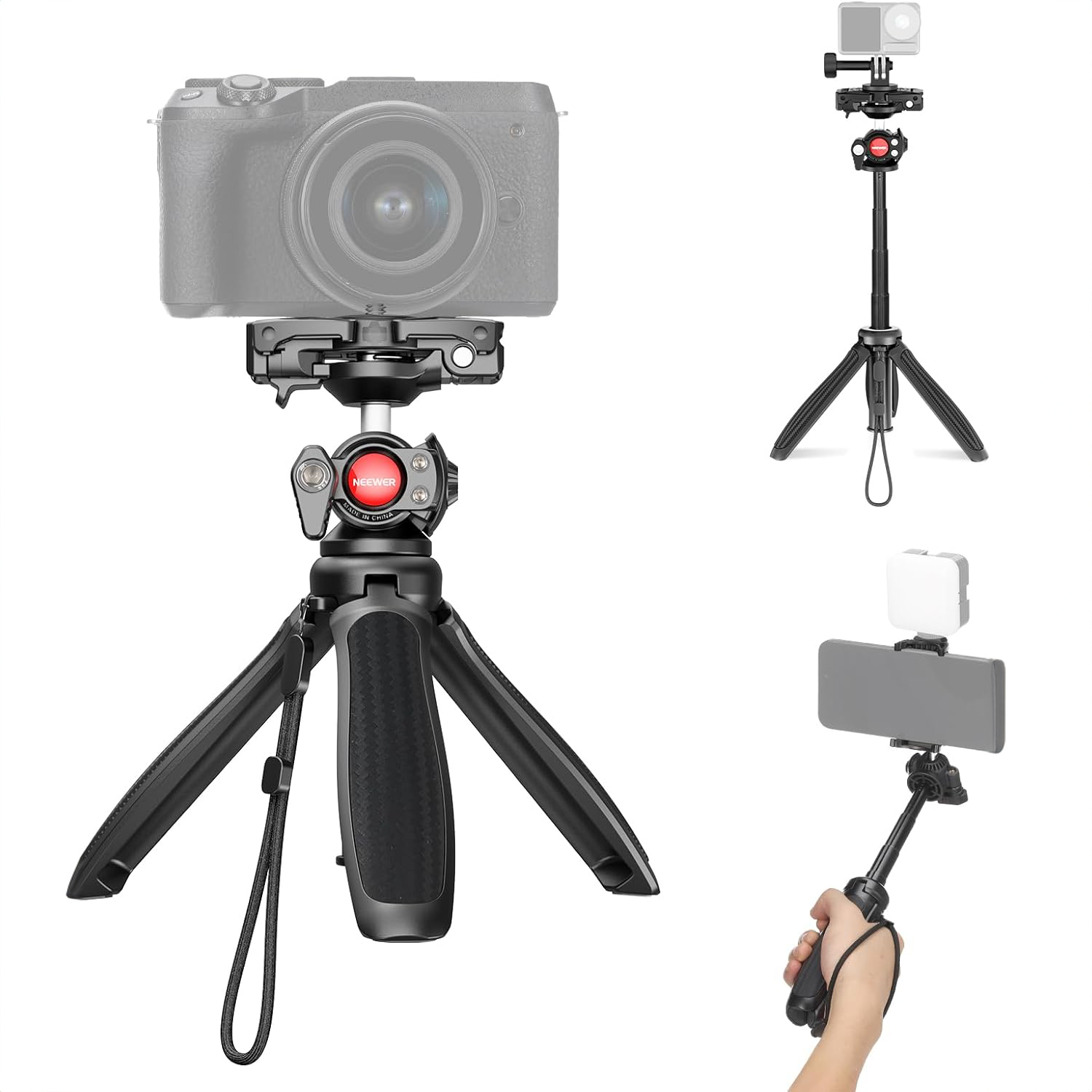 Neewer TP38 composite showing it as a mini-tripod and selfie-stick with 'ghost' camera images