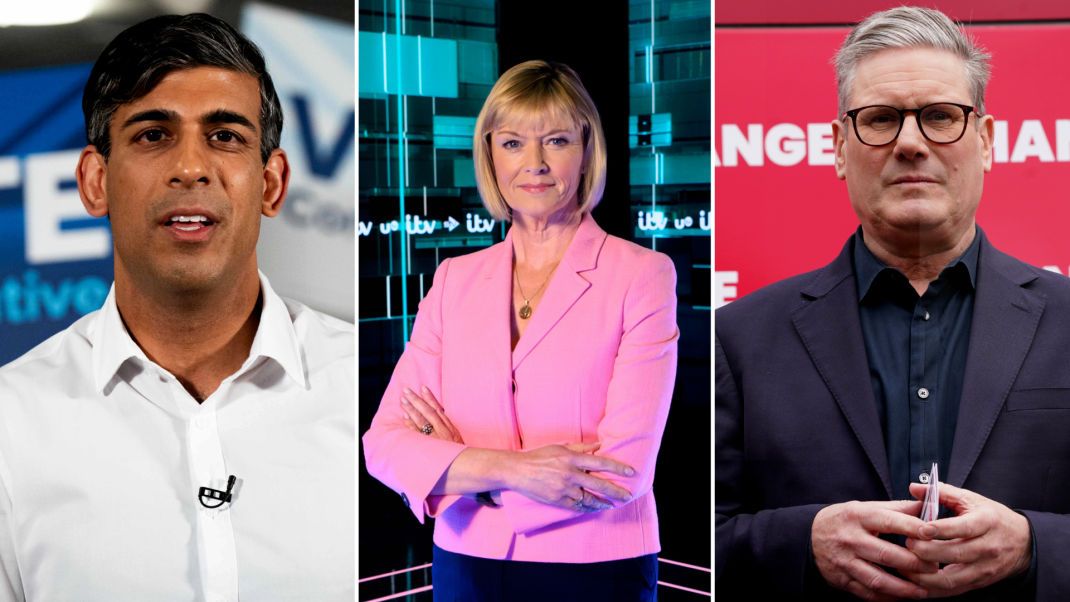 ITV&#039;s Julie Etchingham between Rishi Sunak (Left) and Kier Starmer (Right)