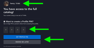 Your Profile access level, and PIN code setup options are highlighted on a Disney Plus login screen to set up parental controls for TV-MA content