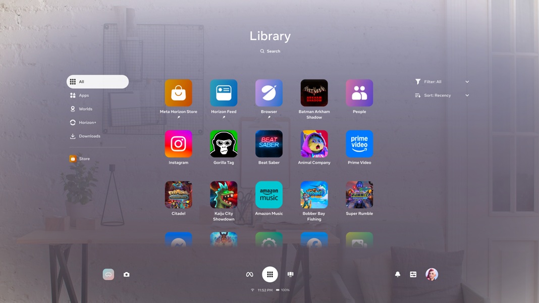 A snapshot of Meta's revamped "Navigator," which revamps the the library view for users to access games, apps, and more.