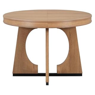 Retro 5-Piece Functional Round Dining Table Set, Unique Geometric Design, 1 Extendable Table With a 16-Inch Leaf and 4 Upholstered Chairs, Wood Compact Table Set (natural-A)