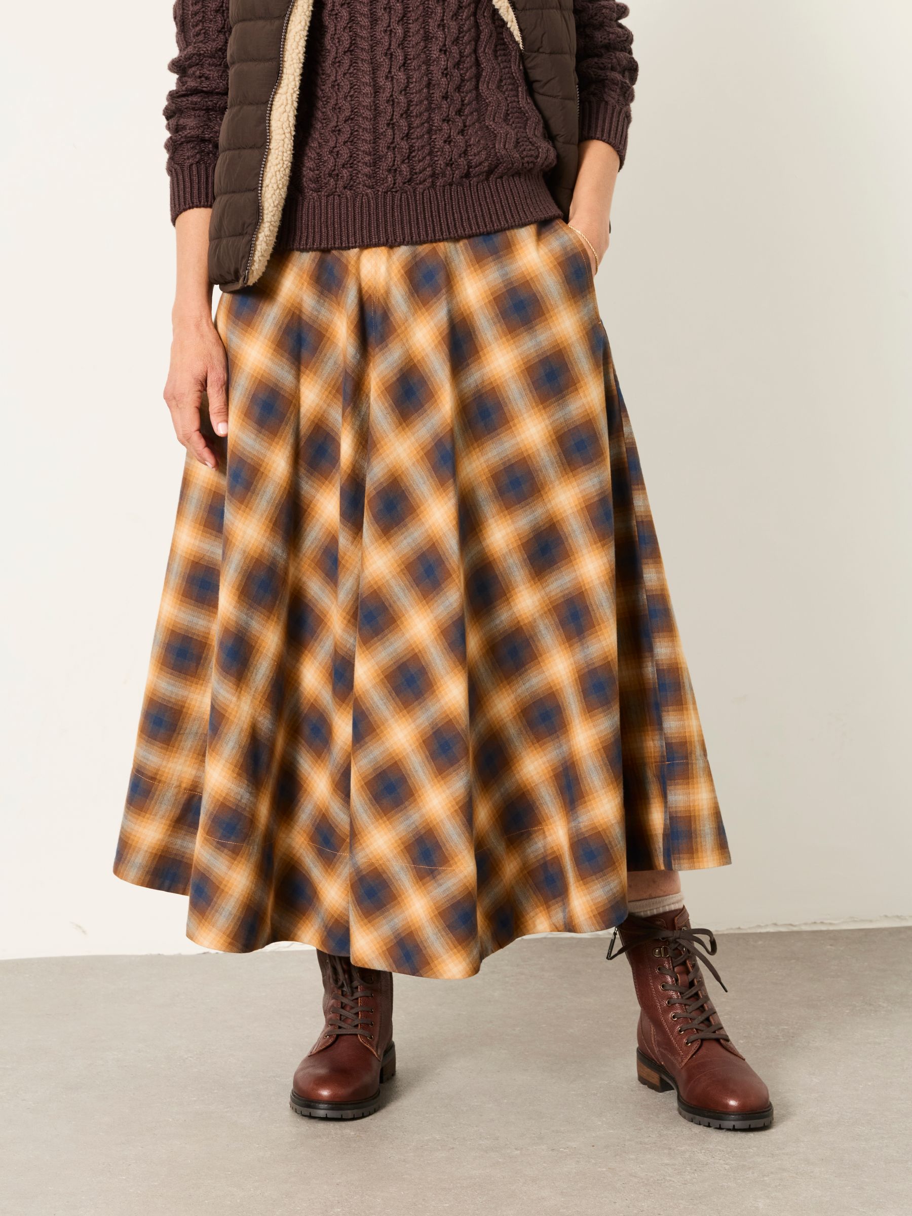 Freya Tan Brown Check Midi Skirt - Size 6 S