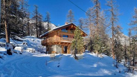 A ski chalet at the top of a snowy driveway